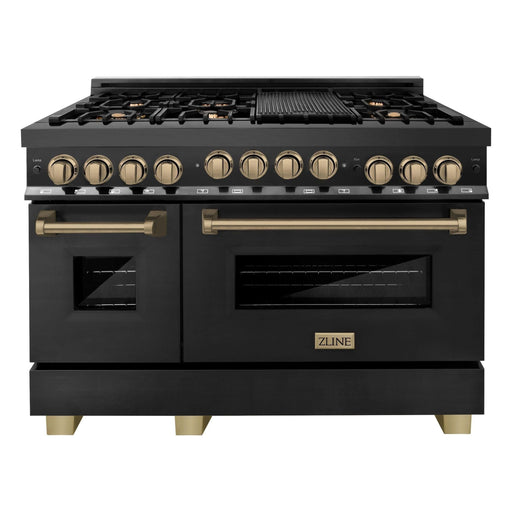 ZLINE Autograph Package - 48 In. Dual Fuel Range and Range Hood in Black Stainless Steel with Champagne Bronze Accents, 2AKPR-RABRH48-CB