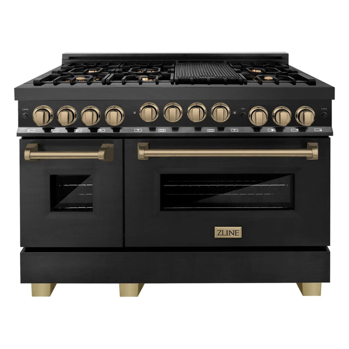 ZLINE Autograph Package - 48 In. Dual Fuel Range and Range Hood in Black Stainless Steel with Champagne Bronze Accents, 2AKPR-RABRH48-CB