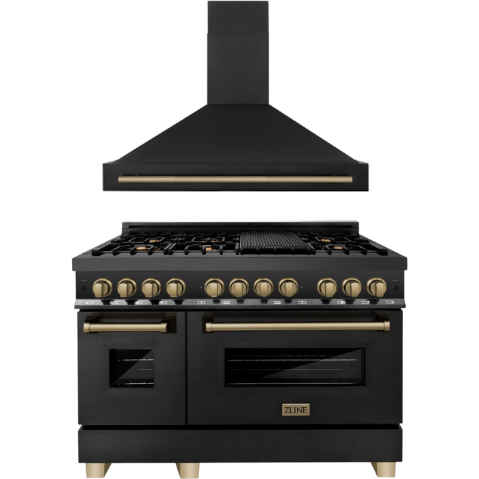 ZLINE Autograph Package - 48 In. Dual Fuel Range and Range Hood in Black Stainless Steel with Champagne Bronze Accents, 2AKPR-RABRH48-CB