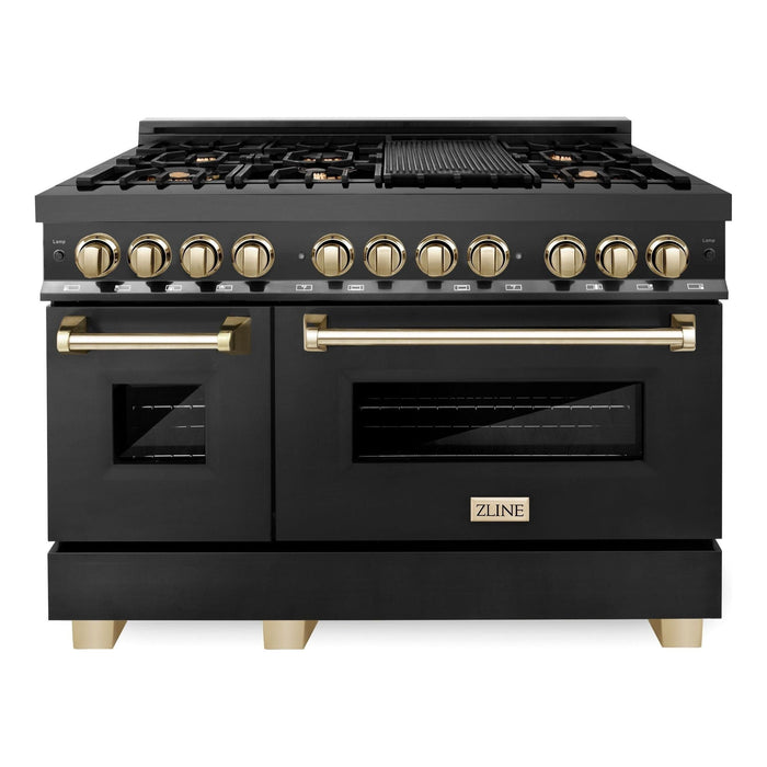 ZLINE Autograph Package - 48 In. Dual Fuel Range and Range Hood in Black Stainless Steel with Gold Accents, 2AKPR-RABRH48-G