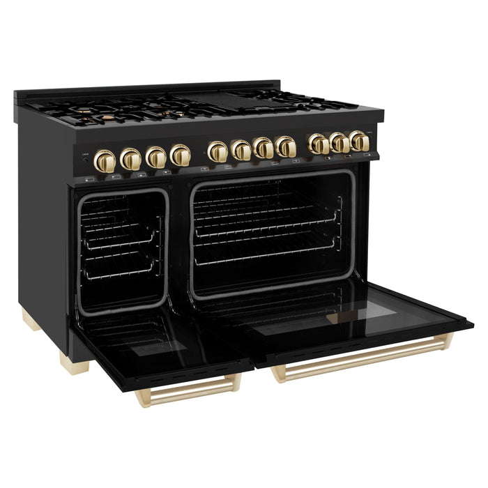 ZLINE Autograph Package - 48 In. Dual Fuel Range and Range Hood in Black Stainless Steel with Gold Accents, 2AKPR-RABRH48-G