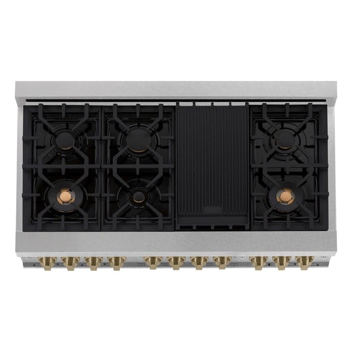 ZLINE Kitchen Appliance Packages ZLINE Autograph Package - 48 In. Dual Fuel Range and Range Hood in DuraSnow® Stainless Steel with Champagne Bronze Accents, 2AKPR-RASRH48-CB