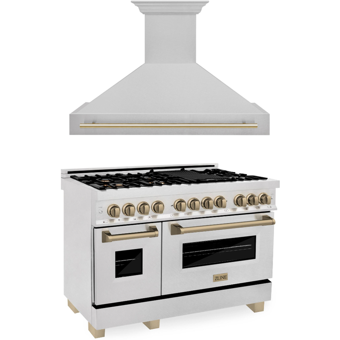 ZLINE Autograph Package - 48 In. Dual Fuel Range and Range Hood in DuraSnow® Stainless Steel with Champagne Bronze Accents, 2AKPR-RASRH48-CB