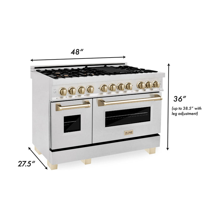 ZLINE Kitchen Appliance Packages ZLINE Autograph Package - 48 In. Dual Fuel Range and Range Hood in DuraSnow® Stainless Steel with Gold Accents, 2AKPR-RASRH48-G