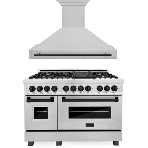 ZLINE Autograph Package - 48 In. Dual Fuel Range and Range Hood in DuraSnow® Stainless Steel with Matte Black Accents, 2AKPR-RASRH48-MB