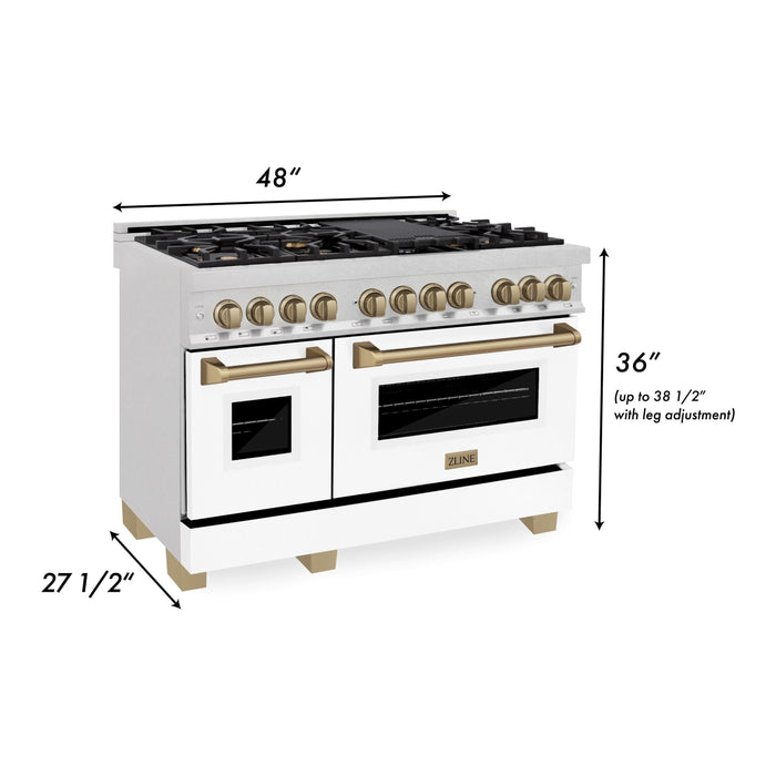 ZLINE Kitchen Appliance Packages ZLINE Autograph Package - 48 In. Dual Fuel Range and Range Hood in DuraSnow® Stainless Steel with White Matte Door and Champagne Bronze Accents, 2AKPR-RASWMRH48-CB