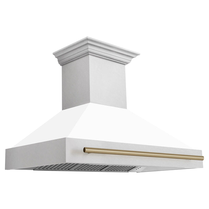 ZLINE Autograph Package - 48 In. Dual Fuel Range and Range Hood in DuraSnow® Stainless Steel with White Matte Door and Champagne Bronze Accents, 2AKPR-RASWMRH48-CB