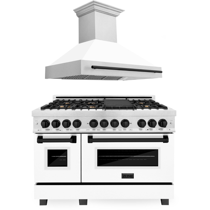 ZLINE Autograph Package - 48 In. Dual Fuel Range and Range Hood in DuraSnow® Stainless Steel with White Matte Door and Matte Black Accents, 2AKPR-RASWMRH48-MB