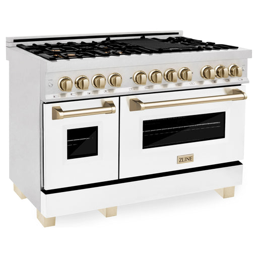 ZLINE Kitchen Appliance Packages ZLINE Autograph Package - 48 In. Dual Fuel Range and Range Hood in DuraSnow® Stainless Steel with White Matte Finish and Gold Accents, 2AKPR-RASWMRH48-G