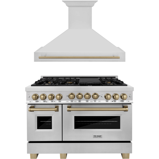 ZLINE Kitchen Appliance Packages ZLINE Autograph Package - 48 In. Dual Fuel Range and Range Hood in Stainless Steel with Champagne Bronze Accents, 2AKPR-RARH48-CB