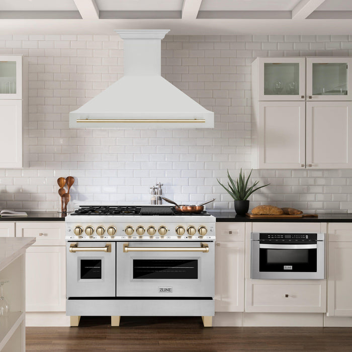 ZLINE Autograph Package - 48 In. Dual Fuel Range and Range Hood in Stainless Steel with Gold Accents, 2AKPR-RARH48-G