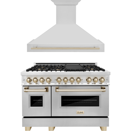 ZLINE Autograph Package - 48 In. Dual Fuel Range and Range Hood in Stainless Steel with Gold Accents, 2AKPR-RARH48-G