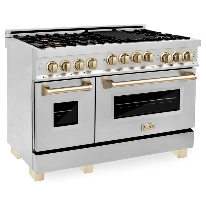 ZLINE Autograph Package - 48 In. Dual Fuel Range and Range Hood in Stainless Steel with Gold Accents, 2AKPR-RARH48-G