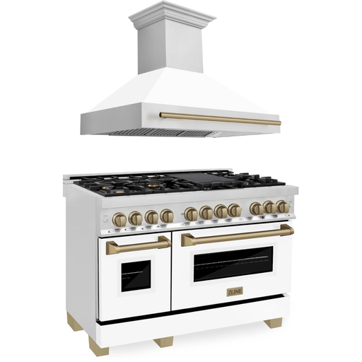 ZLINE Kitchen Appliance Packages ZLINE Autograph Package - 48 In. Dual Fuel Range and Range Hood in Stainless Steel with White Matte Finish and Champagne Bronze Accents, 2AKPR-RAWMRH48-CB