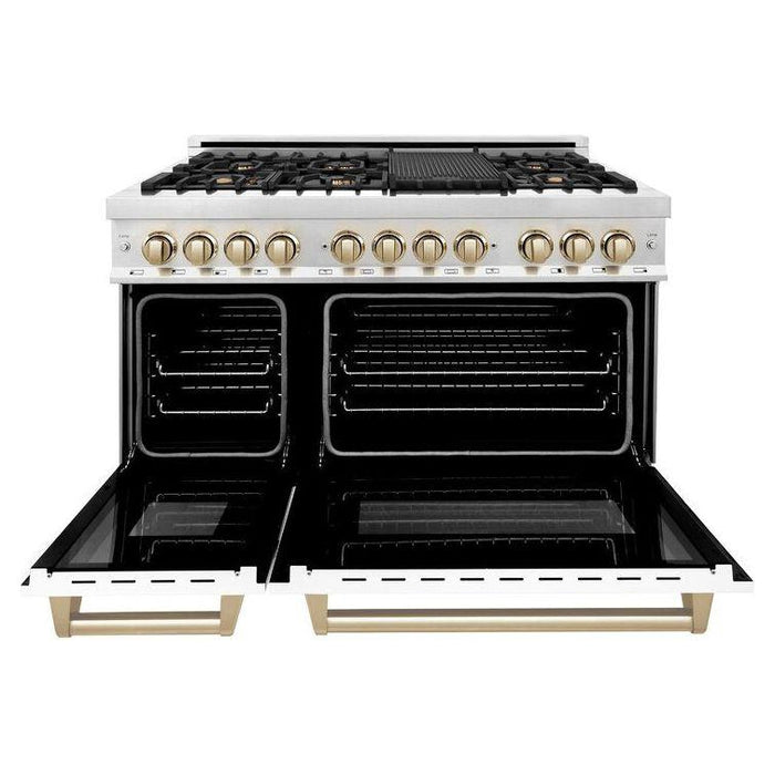 ZLINE Kitchen Appliance Packages ZLINE Autograph Package - 48 In. Dual Fuel Range and Range Hood in Stainless Steel with White Matte Finish and Gold Accents, 2AKPR-RAWMRH48-G