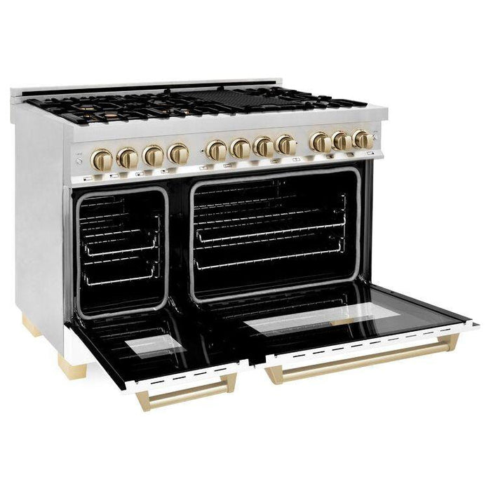 ZLINE Autograph Package - 48 In. Dual Fuel Range and Range Hood in Stainless Steel with White Matte Finish and Gold Accents, 2AKPR-RAWMRH48-G