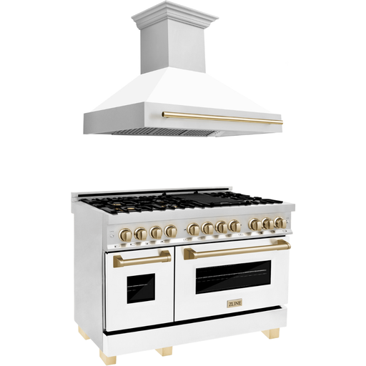 ZLINE Autograph Package - 48 In. Dual Fuel Range and Range Hood in Stainless Steel with White Matte Finish and Gold Accents, 2AKPR-RAWMRH48-G