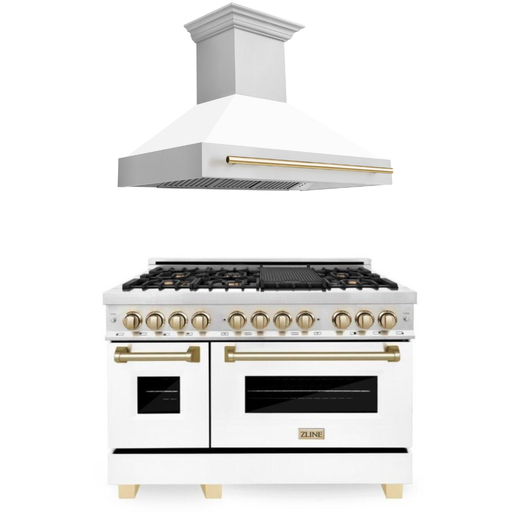 ZLINE Autograph Package - 48 In. Dual Fuel Range and Range Hood with White Matte Door and Gold Accents, 2AKP-RAWMRH48-G