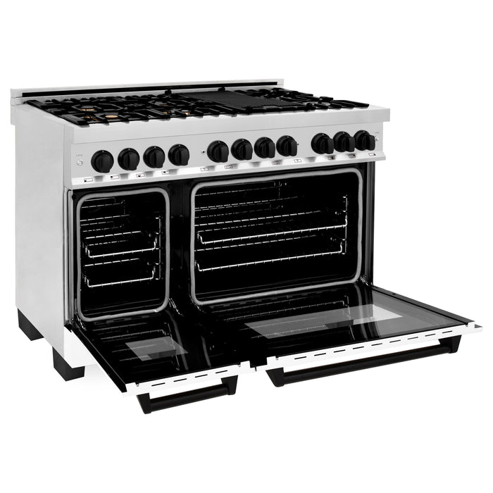 ZLINE Kitchen Appliance Packages ZLINE Autograph Package - 48 In. Dual Fuel Range and Range Hood with White Matte Door and Matte Black Accents, 2AKP-RAWMRH48-MB