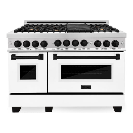 ZLINE Kitchen Appliance Packages ZLINE Autograph Package - 48 In. Dual Fuel Range and Range Hood with White Matte Finish and Matte Black Accents, 2AKPR-RAWMRH48-MB