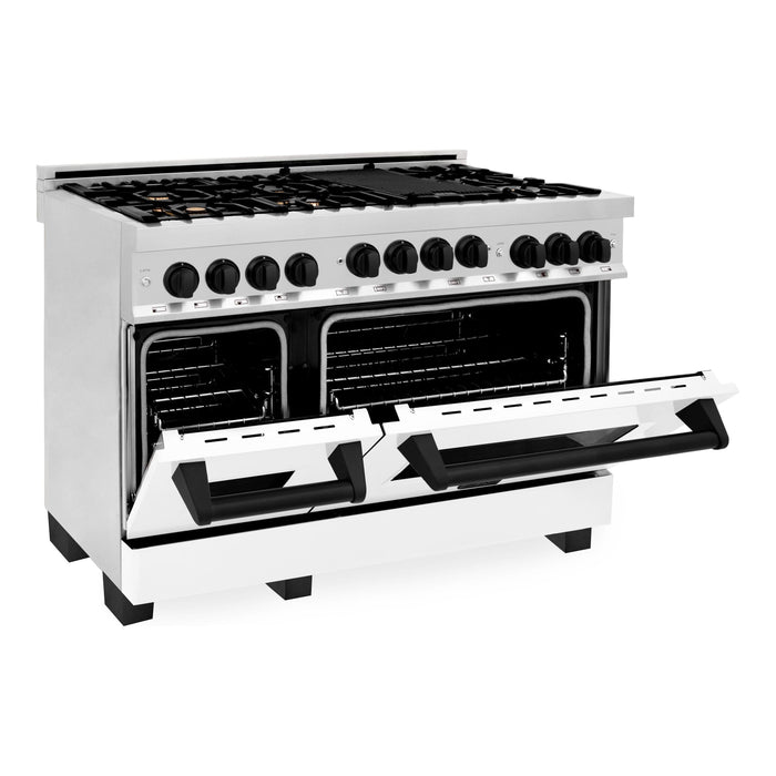 ZLINE Kitchen Appliance Packages ZLINE Autograph Package - 48 In. Dual Fuel Range and Range Hood with White Matte Finish and Matte Black Accents, 2AKPR-RAWMRH48-MB