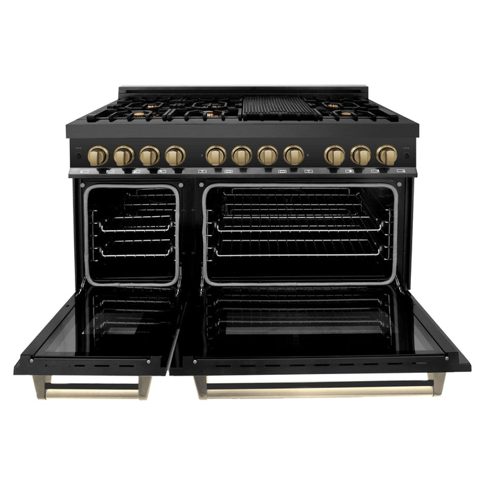 ZLINE Autograph Package - 48 In. Dual Fuel Range, Range Hood and Dishwasher in Black Stainless Steel with Champagne Bronze Accents, 3AKPR-RABRHDWV48-CB