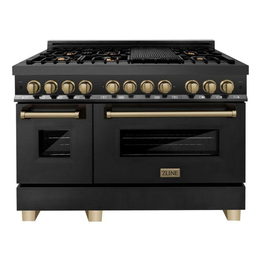 ZLINE Autograph Package - 48 In. Dual Fuel Range, Range Hood and Dishwasher in Black Stainless Steel with Champagne Bronze Accents, 3AKPR-RABRHDWV48-CB