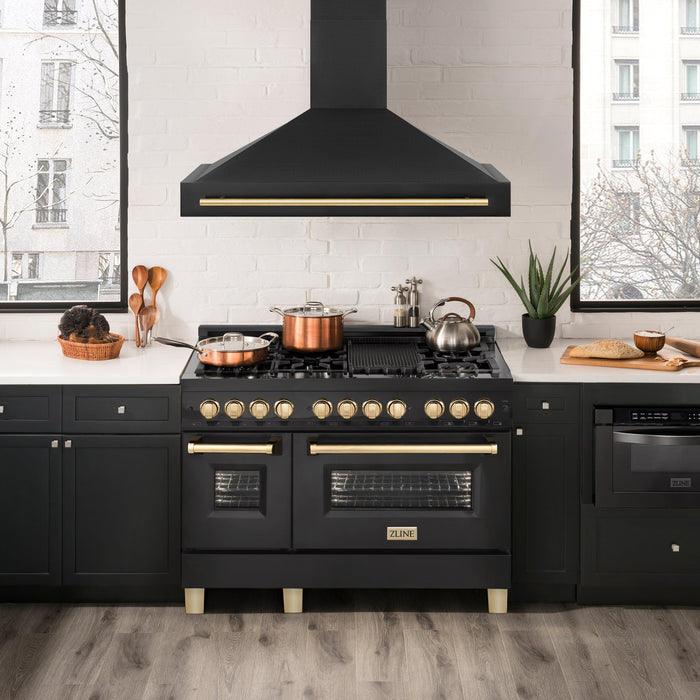 ZLINE Kitchen Appliance Packages ZLINE Autograph Package - 48 In. Dual Fuel Range, Range Hood and Dishwasher in Black Stainless Steel with Gold Accents, 3AKPR-RABRHDWV48-G