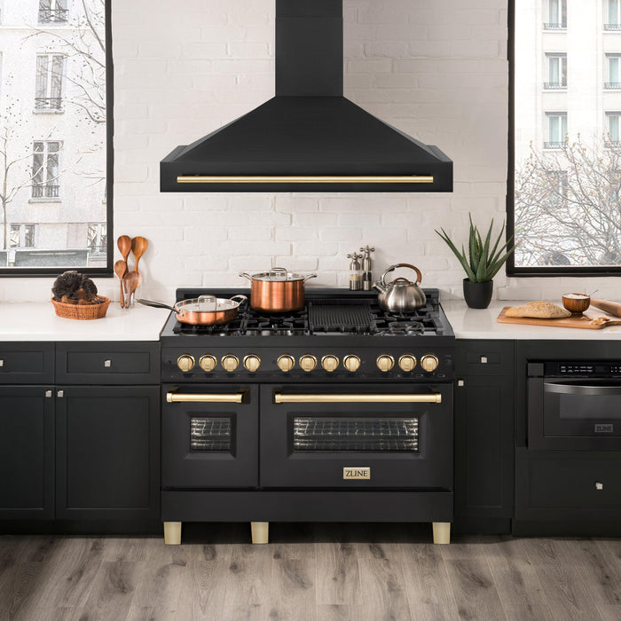 ZLINE Autograph Package - 48 In. Dual Fuel Range, Range Hood and Dishwasher in Black Stainless Steel with Gold Accents, 3AKPR-RABRHDWV48-G