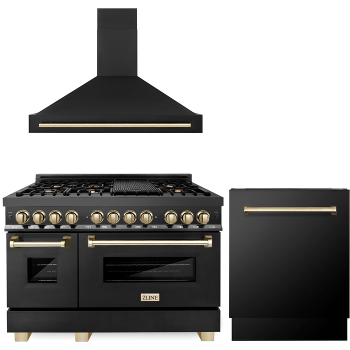 ZLINE Autograph Package - 48 In. Dual Fuel Range, Range Hood and Dishwasher in Black Stainless Steel with Gold Accents, 3AKPR-RABRHDWV48-G