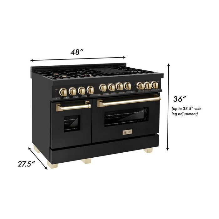 ZLINE Autograph Package - 48 In. Dual Fuel Range, Range Hood and Dishwasher in Black Stainless Steel with Gold Accents, 3AKPR-RABRHDWV48-G