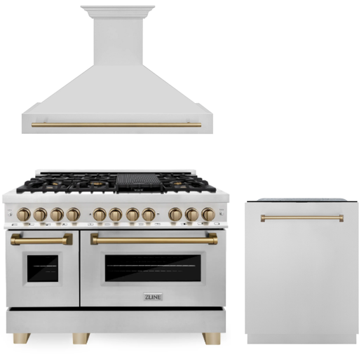 ZLINE Autograph Package - 48 In. Dual Fuel Range, Range Hood and Dishwasher in Stainless Steel with Champagne Bronze Accents, 3AKPR-RARH48-CB