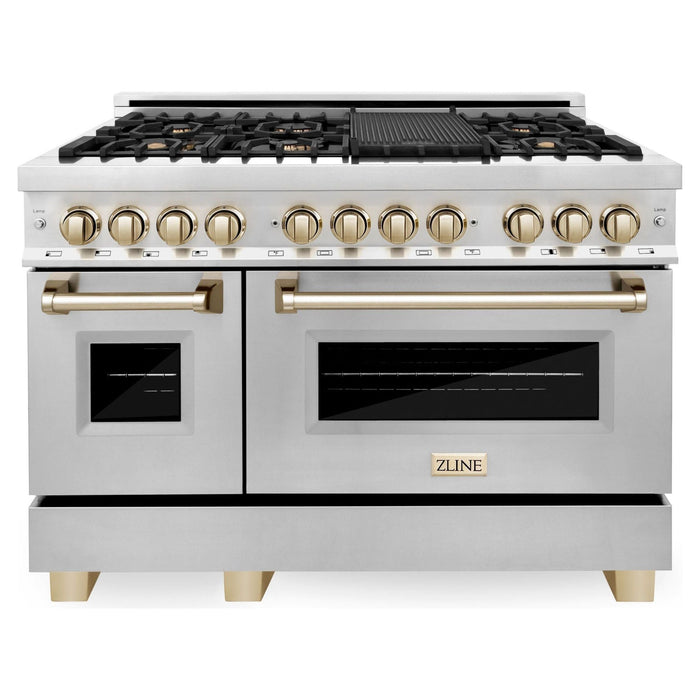 ZLINE Kitchen Appliance Packages ZLINE Autograph Package - 48 In. Dual Fuel Range, Range Hood and Dishwasher in Stainless Steel with Gold Accents, 3AKPR-RARH48-G
