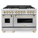 ZLINE Autograph Package - 48 In. Dual Fuel Range, Range Hood and Dishwasher in Stainless Steel with Gold Accents, 3AKPR-RARH48-G