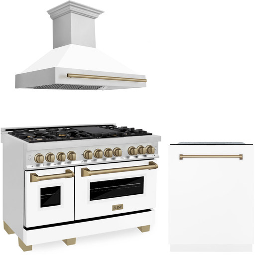 ZLINE Autograph Package - 48 In. Dual Fuel Range, Range Hood, and Dishwasher in Stainless Steel with White Matte Finish and Champagne Bronze Accents, 3AKPR-RAWMRH48-CB