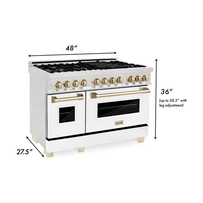 ZLINE Autograph Package - 48 In. Dual Fuel Range, Range Hood and Dishwasher with White Matte Door and Gold Accents, 3AKPR-RASWMRHDWM48-G