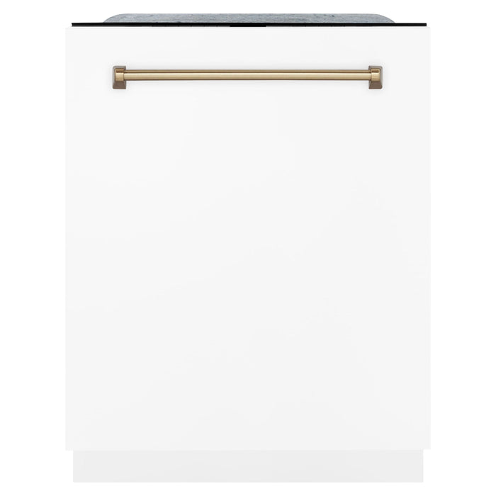 ZLINE Autograph Package - 48 In. Dual Fuel Range, Range Hood, and Dishwasher with White Matte Finish and Bronze Accents, 3AKPR-RASWMRHDWM48-CB