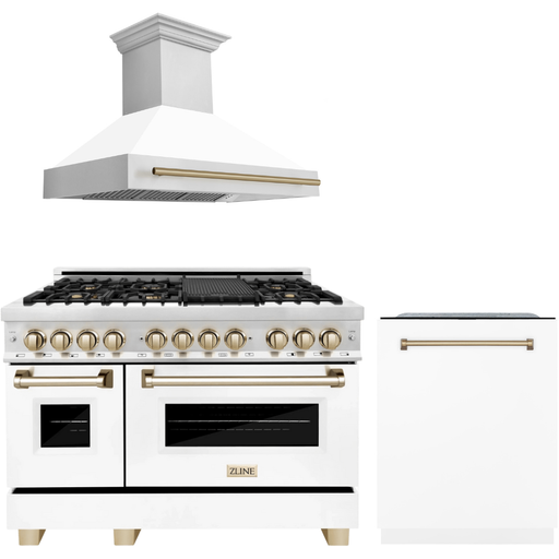 ZLINE Kitchen Appliance Packages ZLINE Autograph Package - 48 In. Dual Fuel Range, Range Hood, and Dishwasher with White Matte Finish and Gold Accents, 3AKPR-RAWMRH48-G