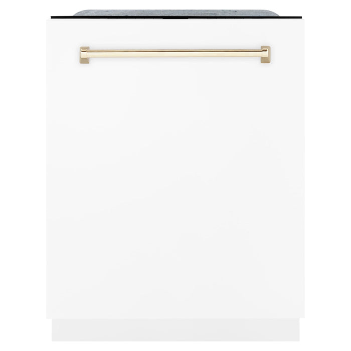 ZLINE Autograph Package - 48 In. Dual Fuel Range, Range Hood, and Dishwasher with White Matte Finish and Gold Accents, 3AKPR-RAWMRH48-G