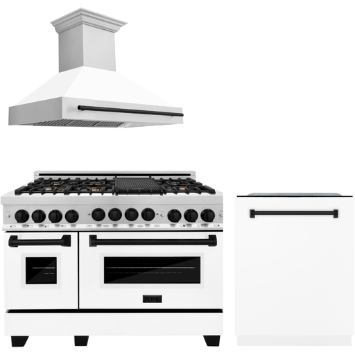 ZLINE Autograph Package - 48 In. Dual Fuel Range, Range Hood, and Dishwasher with White Matte Finish and Matte Black Accents, 3AKPR-RAWMRH48-MB