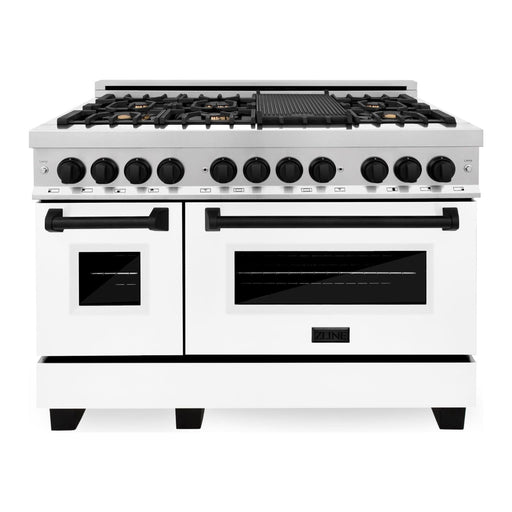 ZLINE Autograph Package - 48 In. Dual Fuel Range, Range Hood, and Dishwasher with White Matte Finish and Matte Black Accents, 3AKPR-RAWMRH48-MB