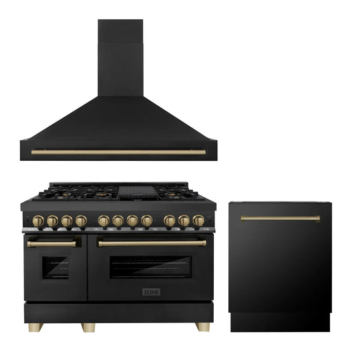 ZLINE Autograph Package - 48 In. Dual Fuel Range, Range Hood, Dishwasher in Black Stainless Steel with Champagne Bronze Accent, 3AKP-RABRHDWV48-CB