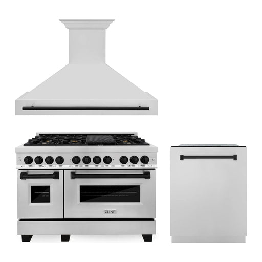 ZLINE Autograph Package - 48 In. Dual Fuel Range, Range Hood, Dishwasher in Stainless Steel with Matte Black Accents, 3AKP-RARHDWM48-MB