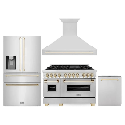 ZLINE Autograph Package - 48 In. Dual Fuel Range, Range Hood, Dishwasher, Refrigerator with Water and Ice Dispenser in Stainless Steel with Gold Accents, 4AKPR-RARHDWM48-G