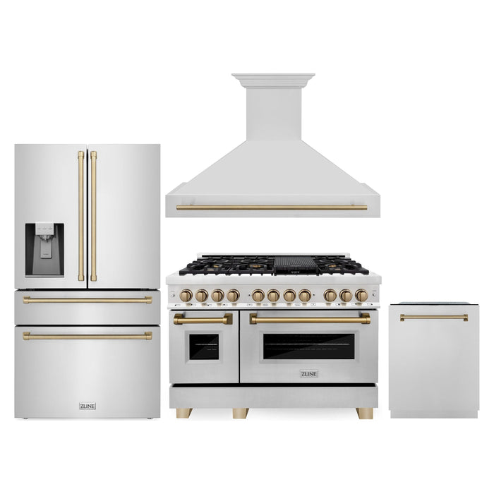 ZLINE Autograph Package - 48 In. Dual Fuel Range, Range Hood, Dishwasher, Refrigerator with Water and Ice Dispenser with Champagne Bronze Accents, 4AKPR-RARHDWM48-CB