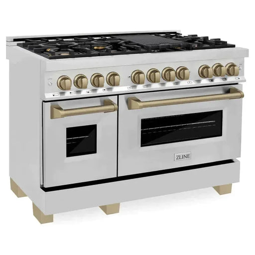 ZLINE Autograph Package - 48 In. Dual Fuel Range, Range Hood, Dishwasher, Refrigerator with Water and Ice Dispenser with Champagne Bronze Accents, 4AKPR-RARHDWM48-CB