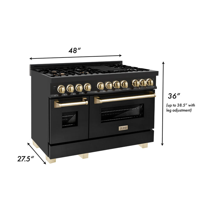 ZLINE Kitchen Appliance Packages ZLINE Autograph Package - 48 In. Dual Fuel Range, Range Hood in Black Stainless Steel with Gold Accents, 2AKP-RABRH48-G