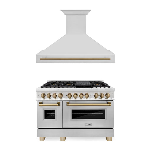 ZLINE Kitchen Appliance Packages ZLINE Autograph Package - 48 In. Dual Fuel Range, Range Hood in Stainless Steel with Champagne Bronze Accents, 2AKP-RARH48-CB