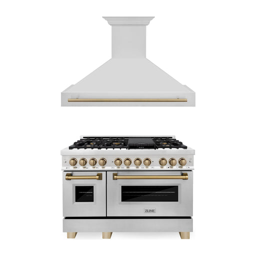 ZLINE Autograph Package - 48 In. Dual Fuel Range, Range Hood in Stainless Steel with Champagne Bronze Accents, 2AKP-RARH48-CB