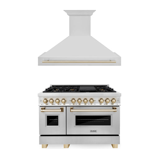 ZLINE Kitchen Appliance Packages ZLINE Autograph Package - 48 In. Dual Fuel Range, Range Hood in Stainless Steel with Gold Accents, 2AKP-RARH48-G